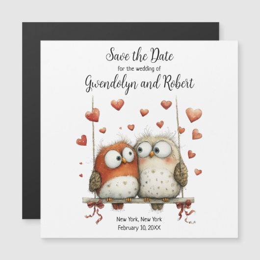 Save the Date Wedding Magnet Cute Owl Couple  (Devant / Derrière)