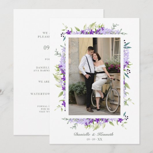 Save The Date Wedding Purple Shades Flowers & Branches Photo (Devant / Derrière)