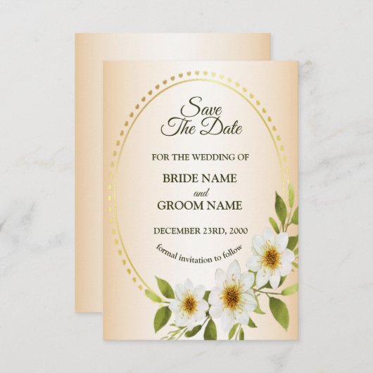 Save The Date Wedding Rustic Golden Frame White Floral Peach (Devant / Derrière)