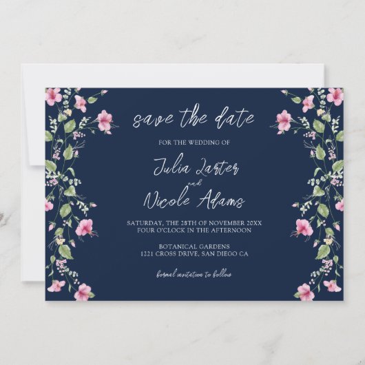 Save The Date Wedding shower en fleur d'Hibiscus rose bleu marin (Devant)