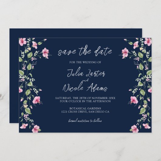 Save The Date Wedding shower en fleur d'Hibiscus rose bleu marin (Devant / Derrière)