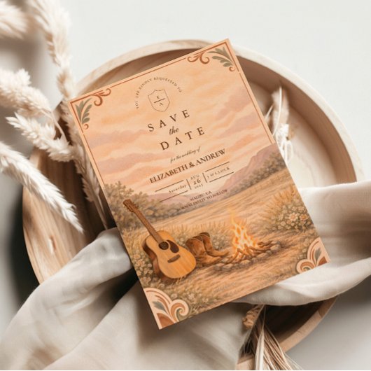 Save The Date Western Campfire Guitar Meadow Wedding