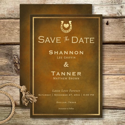 Save The Date Western Rustic Horseshoe Brown & Gold Mariage