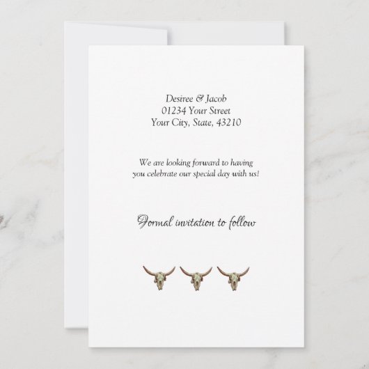 Save The Date Western Rustic Mariage Bull Skull Enregistrer La D (Dos)