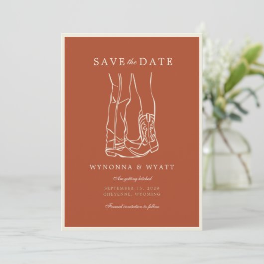 Save The Date Western Rustic Modern Cowboy Boots Photo  (Debout devant)