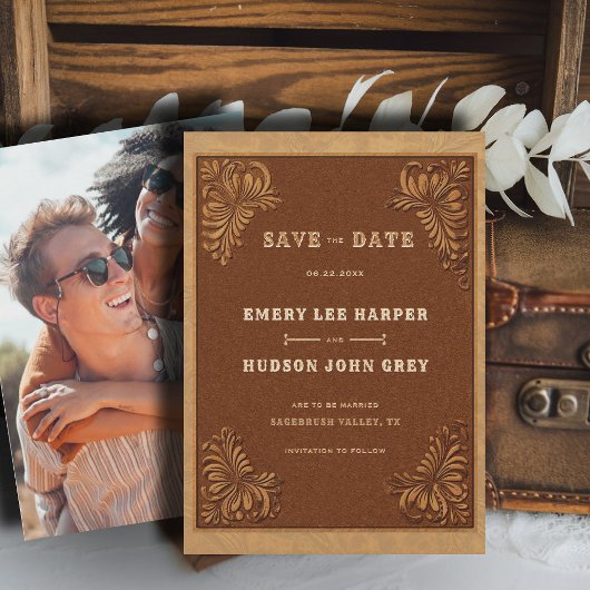Save The Date Western Tooled Leather Rustic Photo Wedding