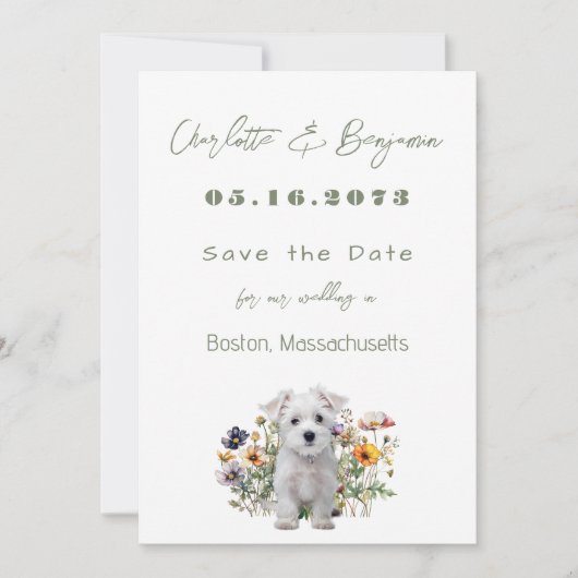 Save The Date Westie Chien Fleurs sauvages mariage Enregistrer l (Devant)