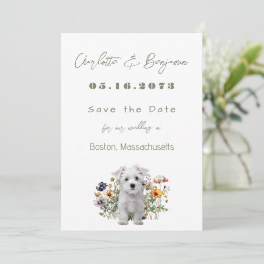 Save The Date Westie Chien Fleurs sauvages mariage Enregistrer l (Debout devant)