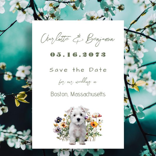 Save The Date Westie Chien Fleurs sauvages mariage Enregistrer l
