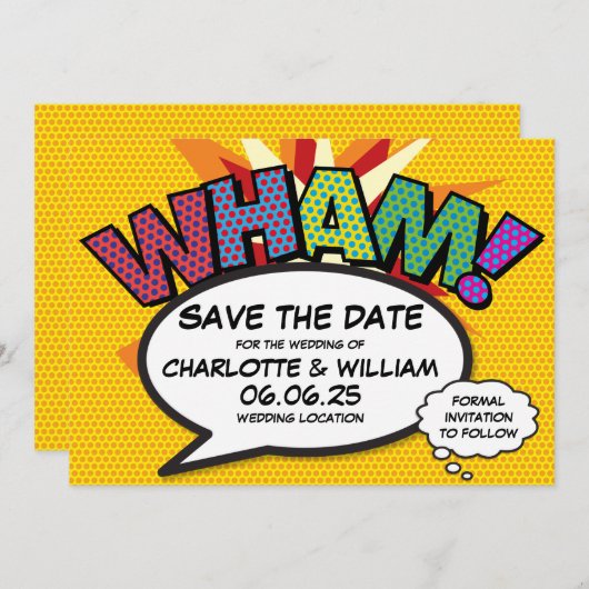 Save The Date WHAM Enregistrer la date Fun Retro Comic Book Pop  (Devant / Derrière)