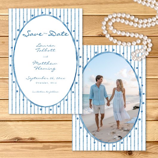Save The Date Whimsical Blue Oval Watercolor Stripe Photo