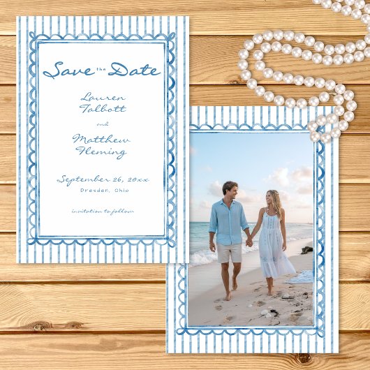Save The Date Whimsical Blue Watercolor Stripe Photo Wedding
