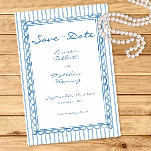 Save The Date Whimsical Blue White Watercolor Stripe Wedding