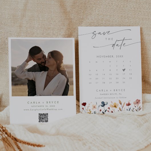 Save The Date Whimsical Boho Wildflower QR Code Photo Calendar 