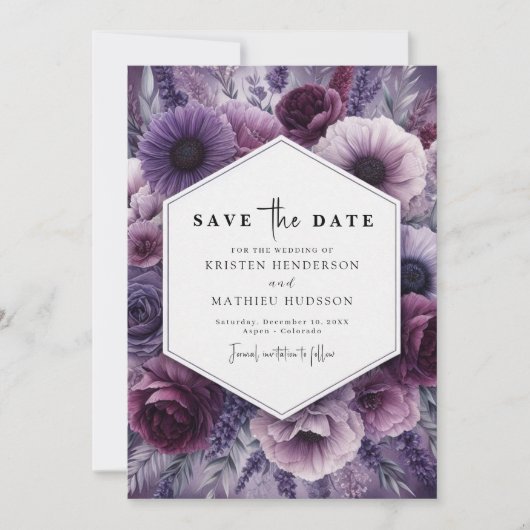 Save The Date Whimsical Botanical violet Mariage floral (Devant)
