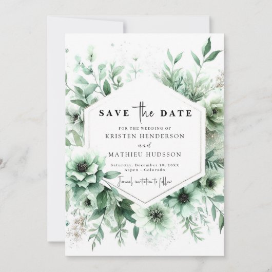 Save The Date Whimsical Classic Floral Sage Mariage vert (Devant)