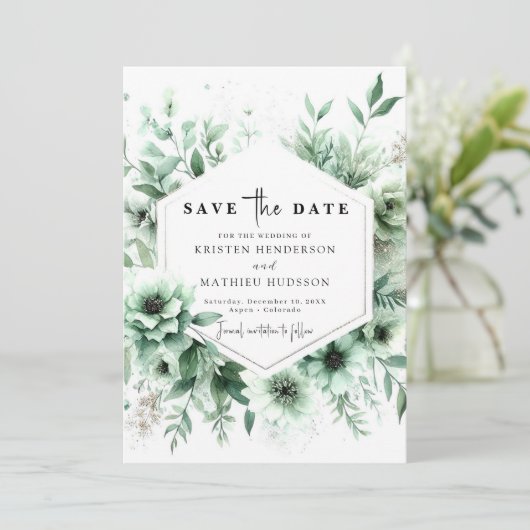 Save The Date Whimsical Classic Floral Sage Mariage vert (Debout devant)