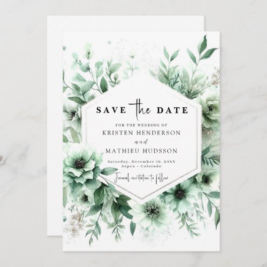 Save The Date Whimsical Classic Floral Sage Mariage vert (Devant / Derrière)