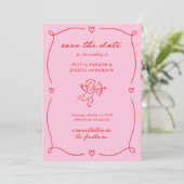 Save The Date Whimsical Cupid | Pink and Red Photo and QR Code (Debout devant)