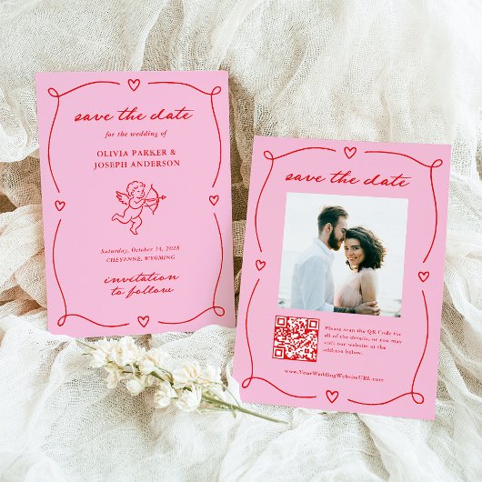 Save The Date Whimsical Cupid | Pink and Red Photo and QR Code