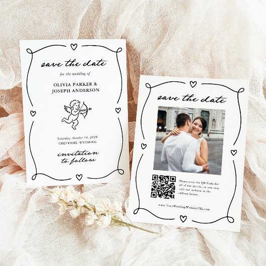 Save The Date Whimsical Cupid | Romantic Photo and QR Code