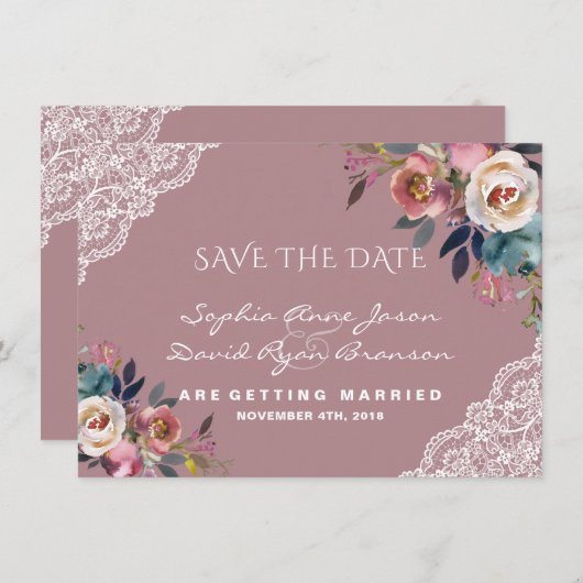 Save The Date Whimsical Dusty Blue Dusty Rose Fleurs Mariage (Devant / Derrière)