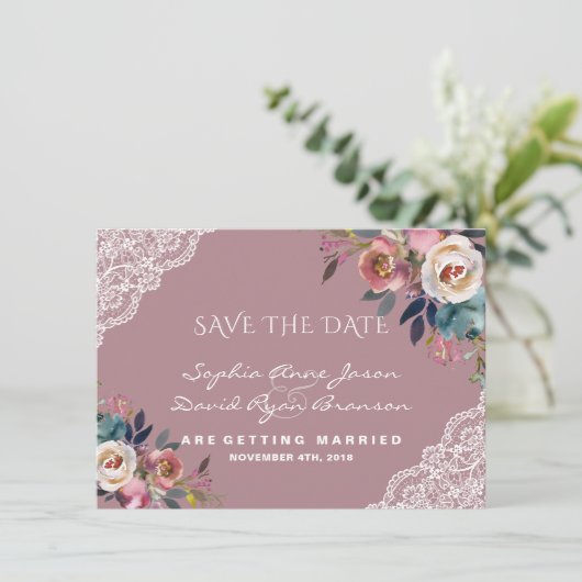 Save The Date Whimsical Dusty Blue Dusty Rose Fleurs Mariage (Debout devant)