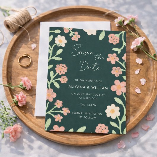 Save The Date Whimsical Elegant Green Floral Border Wedding 