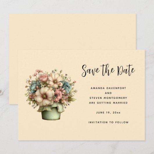 Save The Date Whimsical Flowers in a Planter Pot (Devant / Derrière)