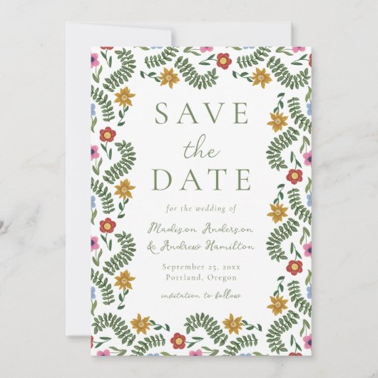 Save The Date Whimsical Folk Art Floral Wedding (Devant)