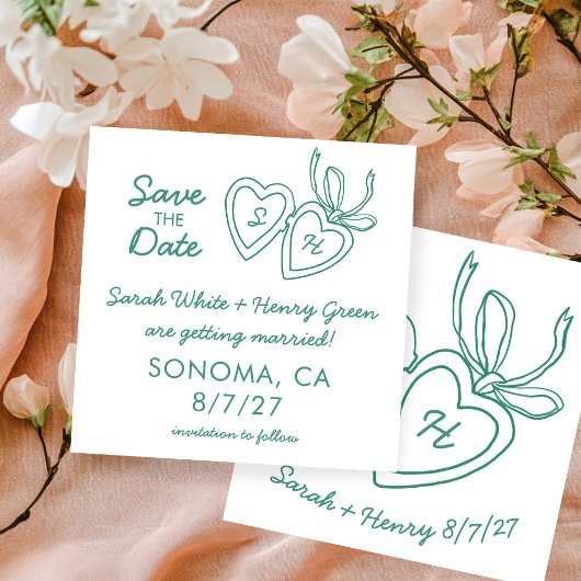 Save The Date Whimsical Heart Locket Doodle Sketch Modern CUSTOM