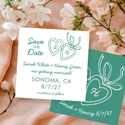 Save The Date Whimsical Heart Locket Doodle Sketch Modern CUSTOM