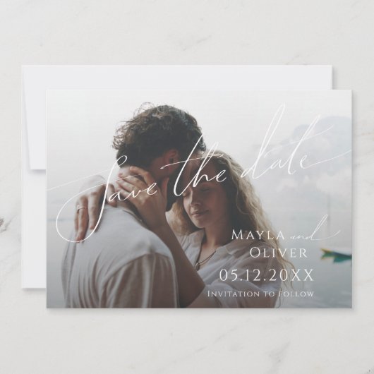Save The Date Whimsical Minimalist Script Horizontal Faded Photo (Devant)