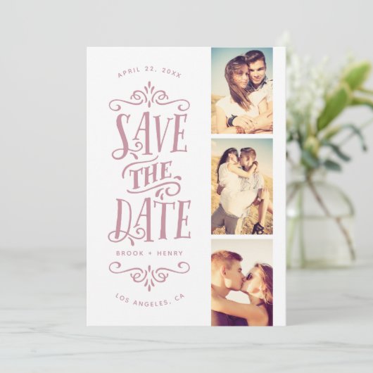 Save The Date Whimsical Mod 3-Photo Enregistrer La Date | Mauve (Debout devant)