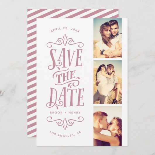 Save The Date Whimsical Mod 3-Photo Enregistrer La Date | Mauve (Devant / Derrière)