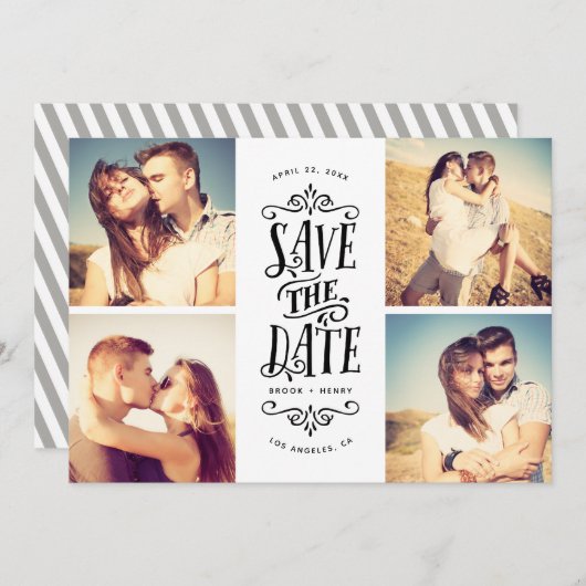 Save The Date Whimsical Mod 4-Photo Enregistrer La Date | Black (Devant / Derrière)