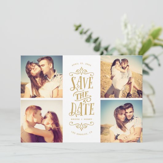 Save The Date Whimsical Mod 4-Photo Enregistrer La Date | Doré (Debout devant)