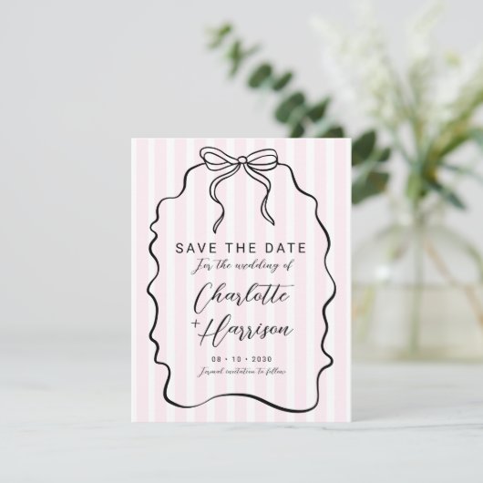 Save The Date Whimsical Pinstripe Bow Wedding Enregistrer La Dat (Debout devant)