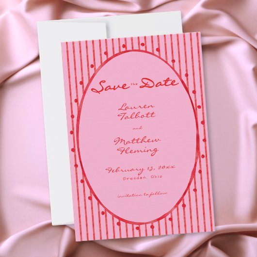 Save The Date Whimsical Red Pink Watercolor Stripe Wedding