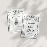 Save The Date Whimsical Romantic Main dessinée noir blanc Mariag<br><div class="desc">Élever votre mariage avec un noir et blanc amusant et décalé enregistrer la date avec des illustrations fantaisistes mais romantiques de vin,  boule de disco et anneaux mariages.</div>