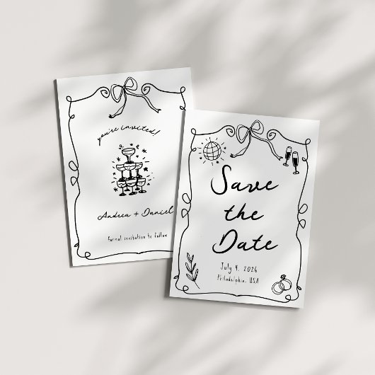 Save The Date Whimsical Romantic Main dessinée noir blanc Mariag