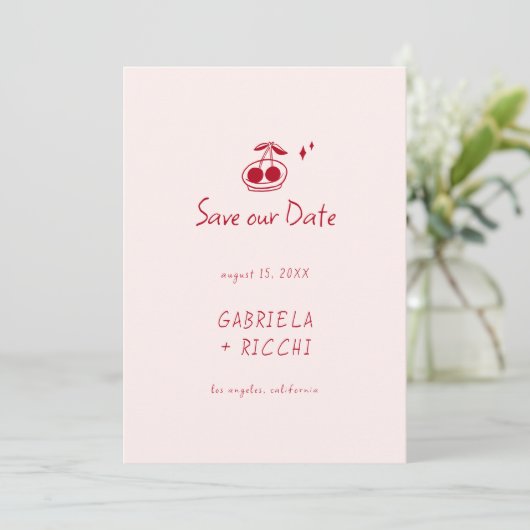 Save The Date Whimsical rose & rouge main tiré Cerisier QR Code (Debout devant)