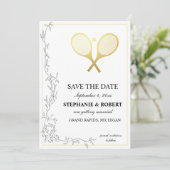 Save The Date Whimsical Rustic Golden Tennis Thème (Debout devant)