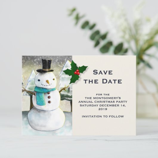 Save The Date Whimsical Snowman Winter Scene Christmas Drawing (Debout devant)