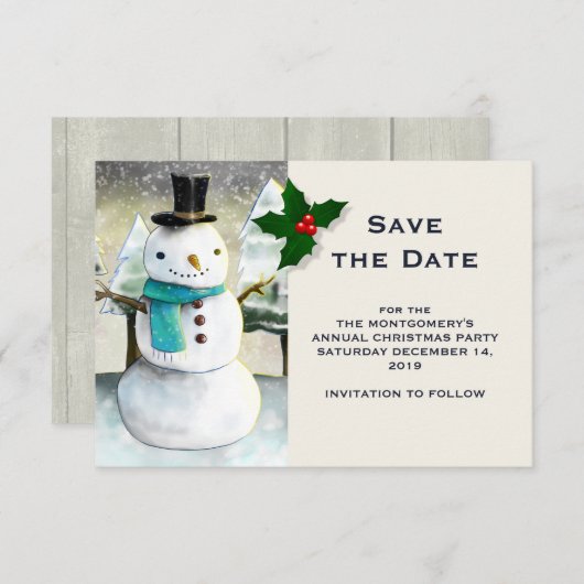 Save The Date Whimsical Snowman Winter Scene Christmas Drawing (Devant / Derrière)