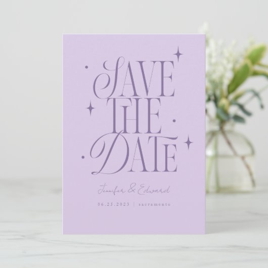 Save The Date Whimsical Stars Lavender Enregistrer La Date (Debout devant)