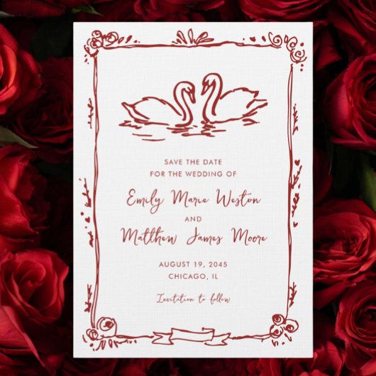 Save The Date Whimsical Swans Doodle Love Birds Red Wedding