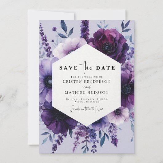 Save The Date Whimsical unique violet Mariage floral (Devant)