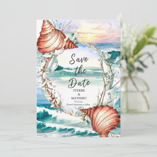 Save The Date Whimsical Watercolor Beach Wedding (Debout devant)