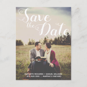 Save The Date Whimsical Witte Script Foto Overlay Briefkaart